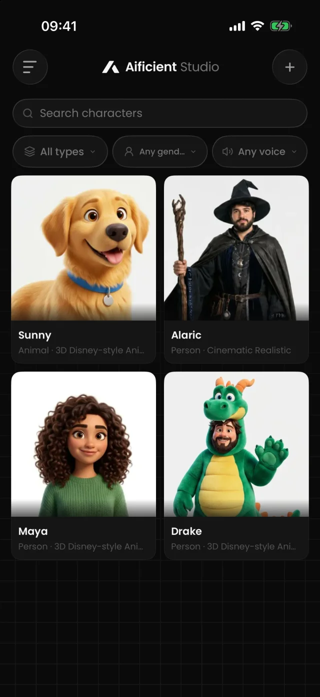 Aificient Studio on iPhone — the character library, with four reusable characters
