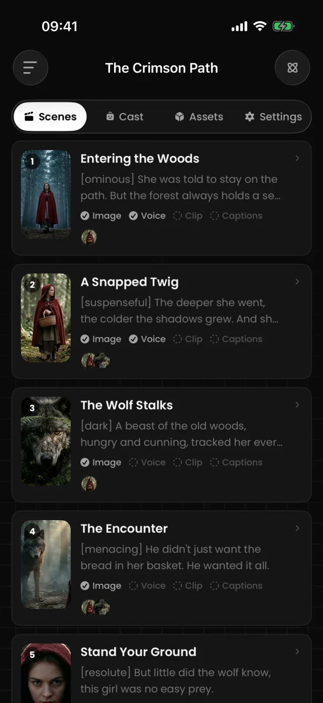 Aificient Studio on iPhone — a project's Scenes tab: five scenes of “The Crimson Path” with their stills and render status
