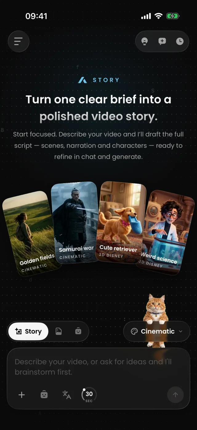 Aificient Studio on iPhone — the Story composer, with example videos and the prompt box